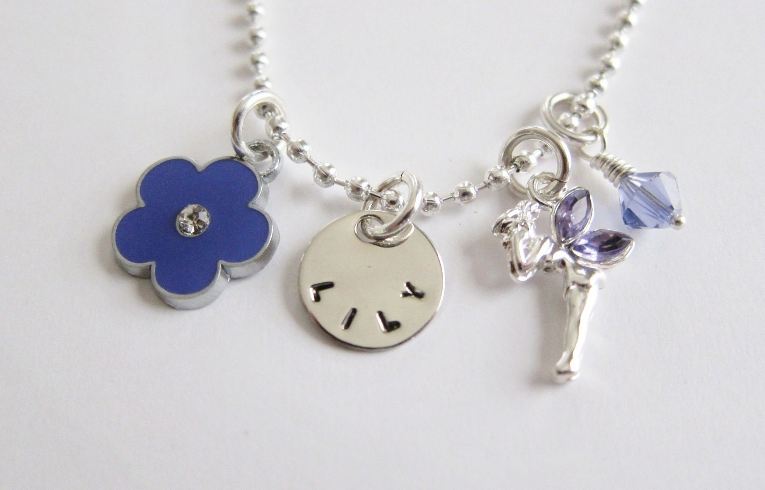 Personalized Tinkerbell Fairy Princess in Purple Girl's charm necklace for sweet little Pixies