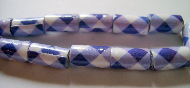 Hand Rolled Purple and White Plaid Paper Tube Beads