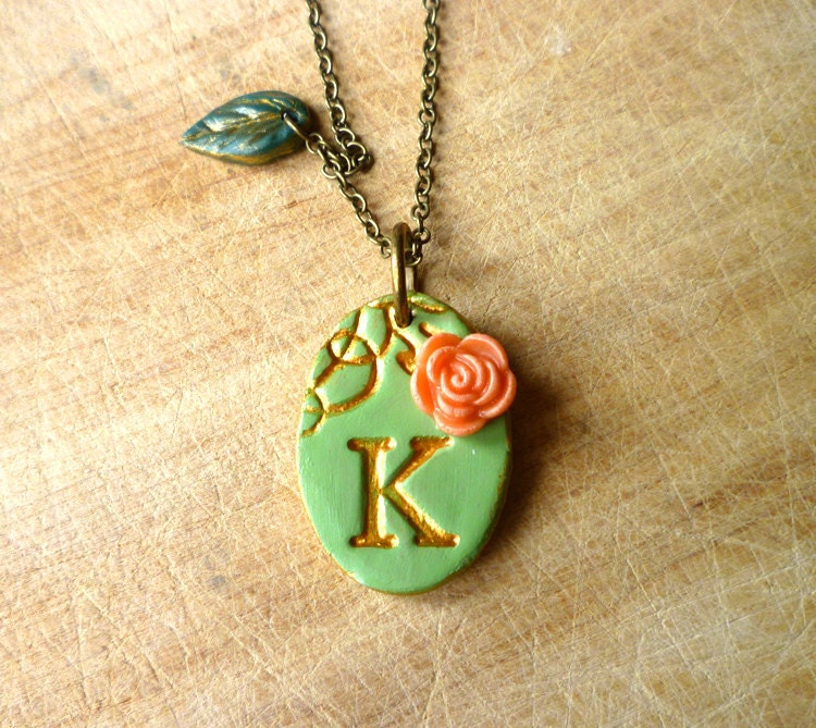 Initial Necklace - Victorian Garden - Fern green and Gold with Coral Rose Oval