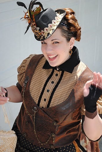 Steampunk Hat--Victorian--Ready To Ship--- One Of A Kind--Small Black Hat--Blue and Ivory Lace--Bronze--Silver--Metal Decor