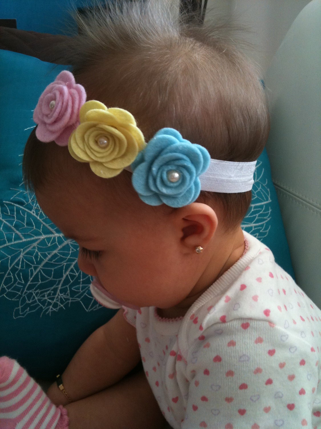 Tri color - pink, yellow, baby blue felt flowers with pearls headband - baby - toddler - newborn - girl
