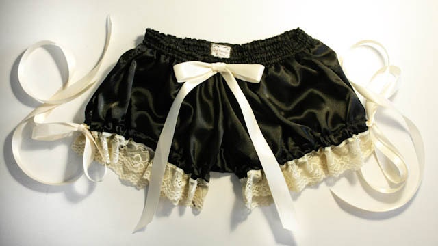 Bloomer Shorts in Black Satin with Ivory Lace and Ribbon - XXS - XXL