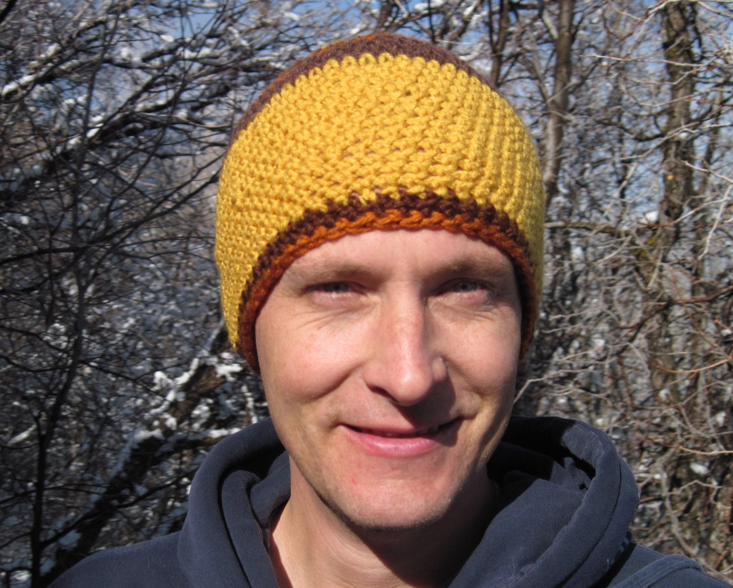 Mens Beanie/Skullcap in Mustard, Brown, and Dark Orange