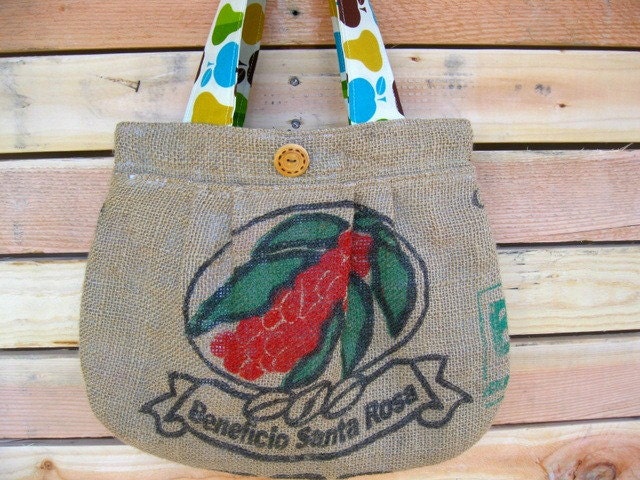Upcycled Burlap Pleated Purse. Earth Day. Spring. Fashion. Apples. Pears. Red. Teal. Yellow. Green. Brown. Mothers Day. Gift Idea.