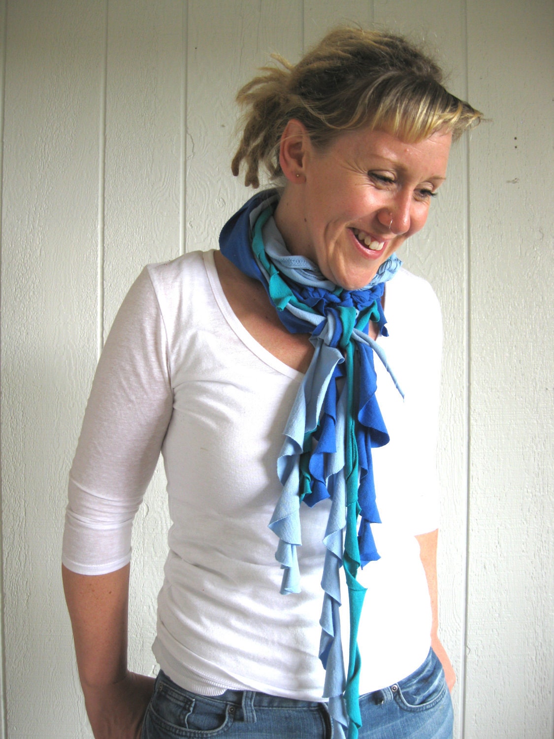 Eco . Upcycled T-Shirt. Earth Day. Spring. Fashion. The Perfect Wave. Teal. Dusk Blue. Ocean. Skinny Scarf Set. Mothers Day. Gift Idea.