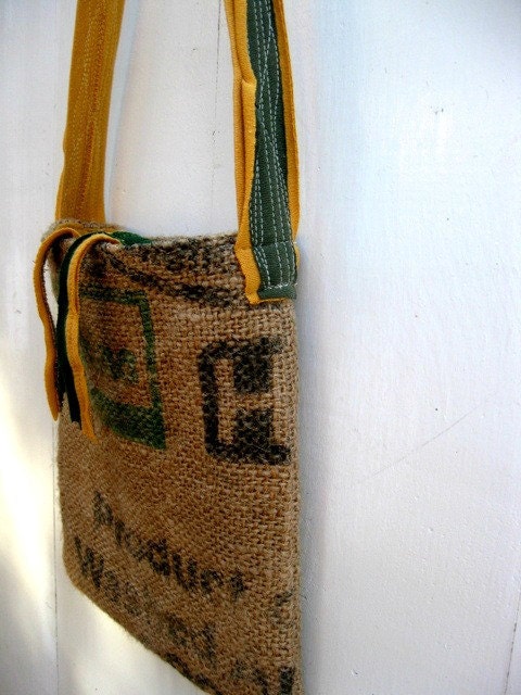 Upcycled Burlap & Tshirt Sling Bag. Eco Friendly. Mustard and Forest Green. Warriors. Sports Tshirt. FREE Shipping.