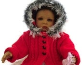 Childs hooded sweater, hooded cardigan, childs jacket. Red. Handknit. Aran furry trimmed..20% off Original /one only. UK seller
