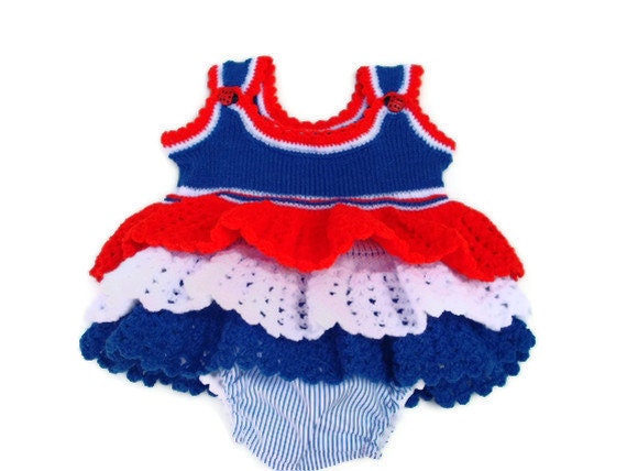 40% coupon code Baby dress, patriotic baby jumper, red white blue ruffles 3-6 mths , hand knit and crocheted. Lined diaper cover., 4th July. - AnnabellesWardrobe