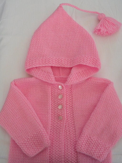 Baby hooded jacket, Childs sweater, knitted coat, baby hoodie.Tassled hood Hand knit. Pink. 16 inch chest