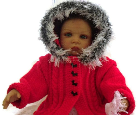 Childs hooded sweater, hooded cardigan, childs jacket. Red. Handknit. Aran furry trimmed..20% off Original /one only. UK seller