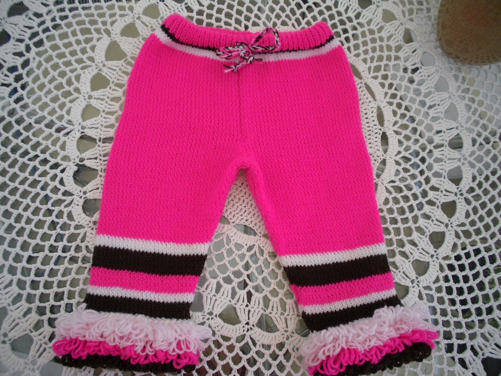 Childs handknit longies, ruffle trim colorful pants, leggings.bright pink, 12/18 mths Original design