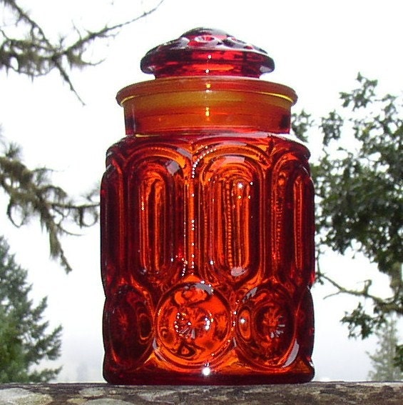 1960s LE Smith Red Orange Amberina Canister in Moon and Stars Pattern Medium Size