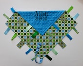 PERSONALIZED Ribbon Tag Blankie with Pacifier Clip, Large 16 x 16 - Blue and Green with Aqua Blue Dot Minky