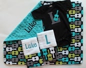PERSONALIZED Baby Boy Guitars Blanket with MATCHING Bodysuit and Burp Cloths Set