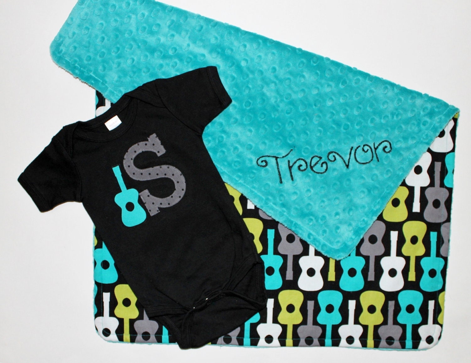 PERSONALIZED Baby Boy Guitars Blanket with Teal Minky and MATCHING Bodysuit