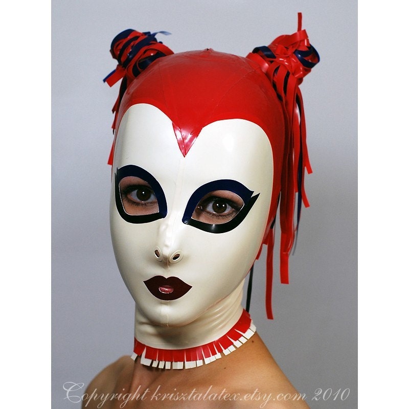 Latex Hood w 2 Tails or Buns in Red and White - completely custom, made-to-measure