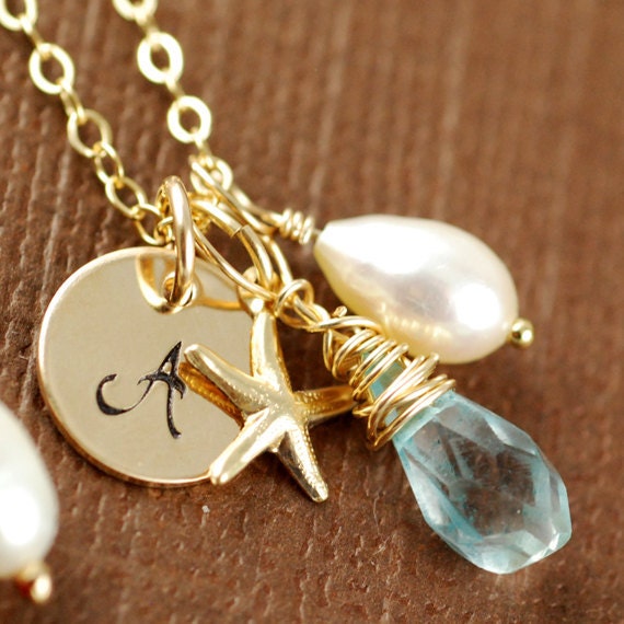 Bridemaids Gift, Gold Initial Necklace, Personalized Jewelry, Starfish, Pearl, Blue Topaz Birthstone