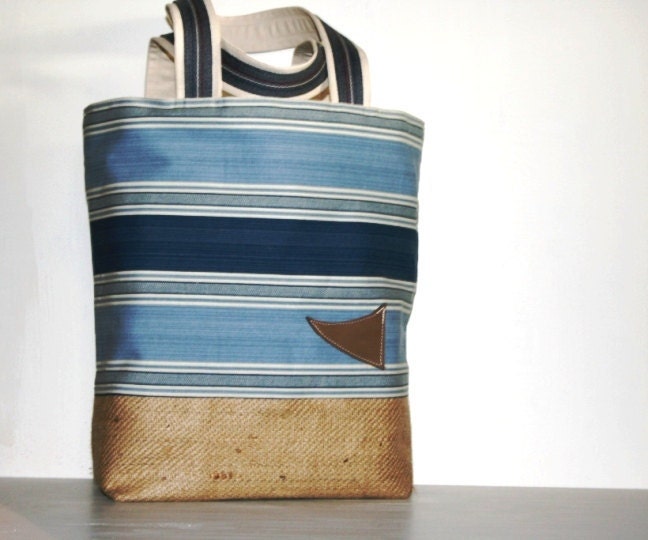 Navy Blue Stripe Nautical Totebag Burlap Large Beach Bag