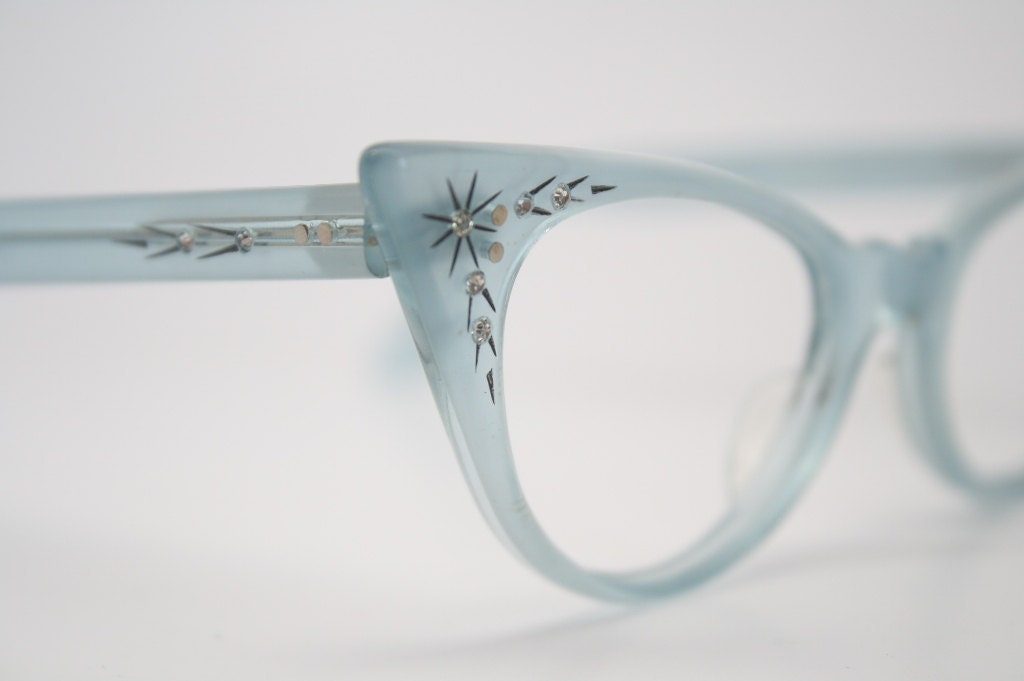 baby blue cat eye glasses vintage rhinestone cateye frames NOS