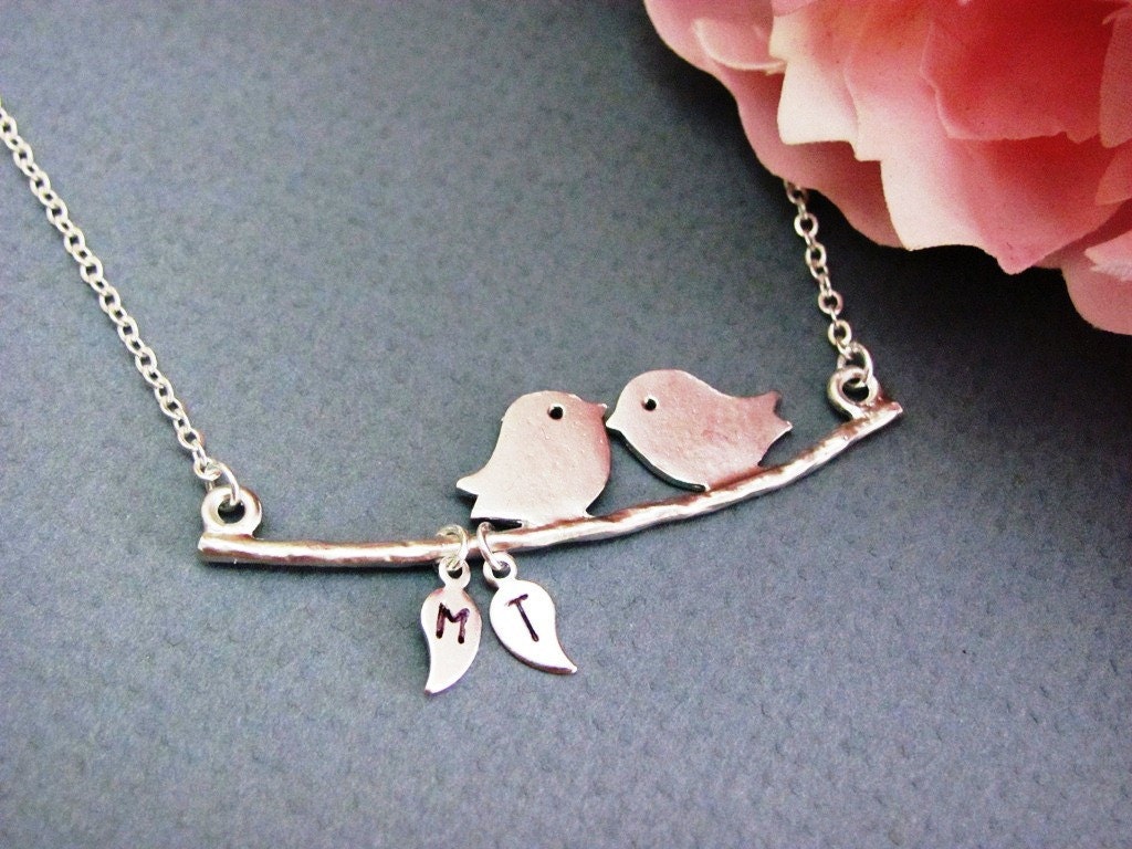 Personalized Love Birds Necklace in Silver- Valentine, anniversary, mom gifts, necklace also available in gold.
