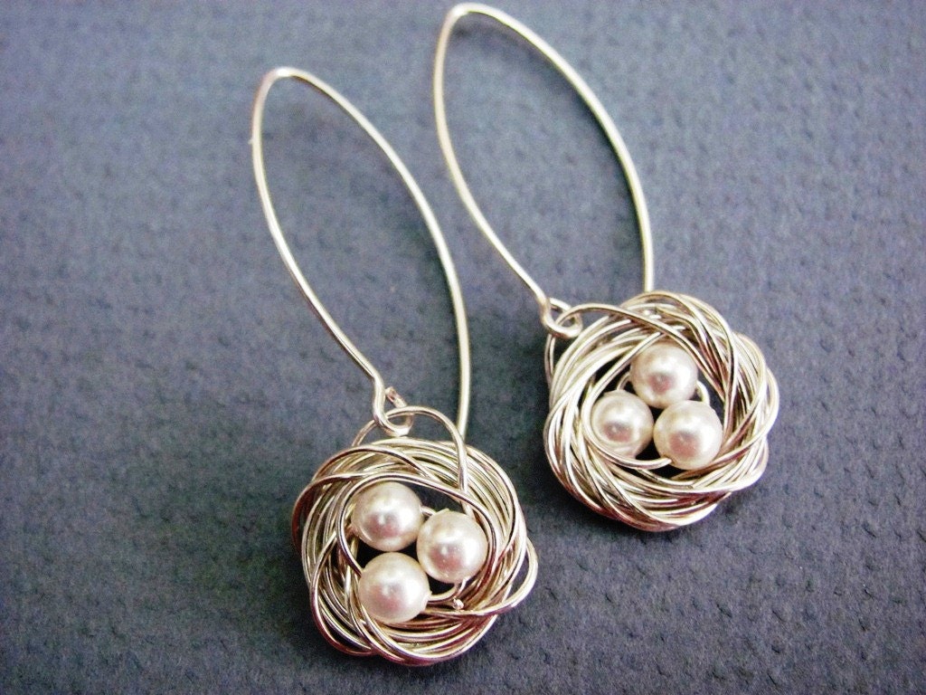 Silver Baby Bird Nest Earrings- handmade sterling silver earwires, mom, mother's day, baby shower gift, customizable