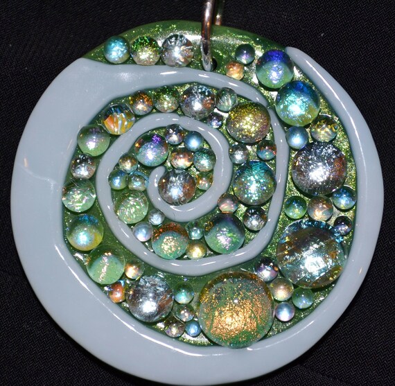 Sparkly Spiral Pendant, Fused GlassNecklace, Dichroic Jewelry, Silver, Signed Original