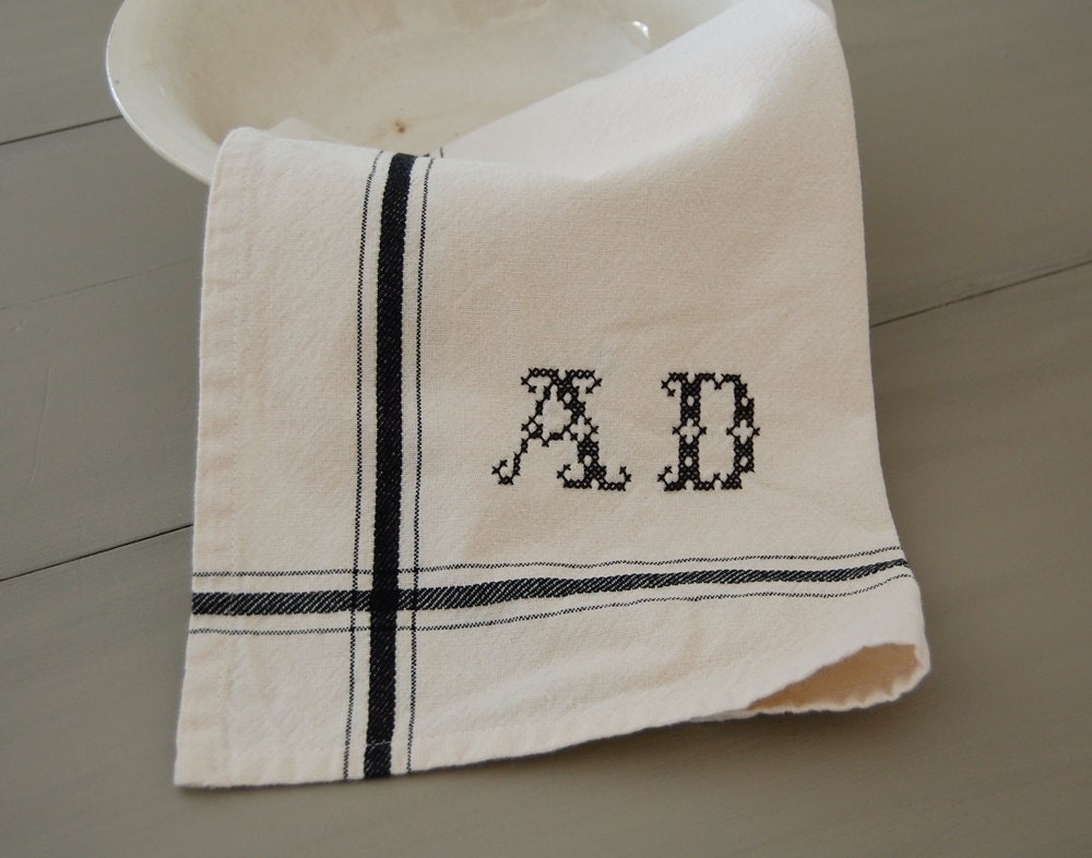 Set of 2 - BLACK - Personalized French Stripe Towels with hand-stitched initials