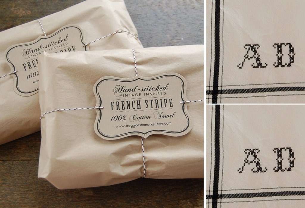 Set of 2 - BLACK - Personalized French Stripe Towels with hand-stitched initials