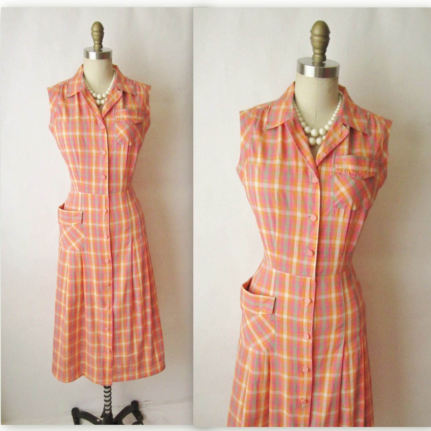 60's Plaid Dress // Vintage 1950's Pink Orange Plaid Cotton Mad Men Shirtwaist Day Dress