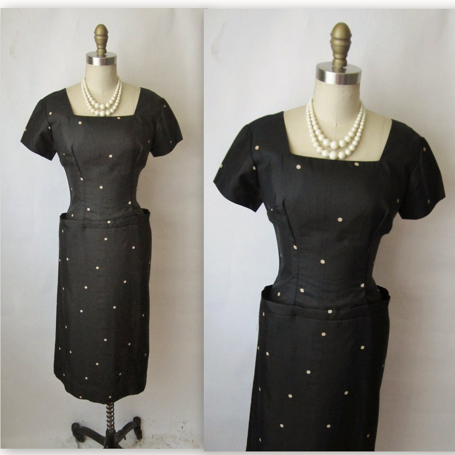50's Cocktail Dress // Vintage 1950's Polka Dot Silk Fitted Black Cocktail Party Wiggle Dress M