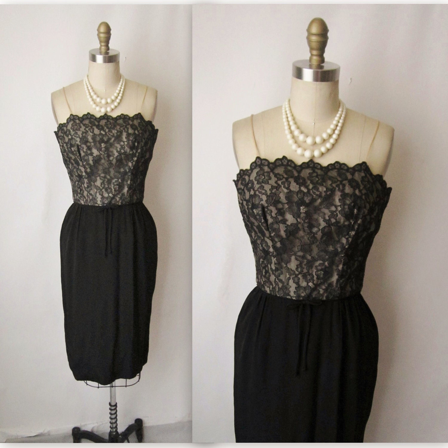 50's Wiggle Dress // Vintage 1950's Black Illusion Lace Cocktail Party Wiggle Dress XS