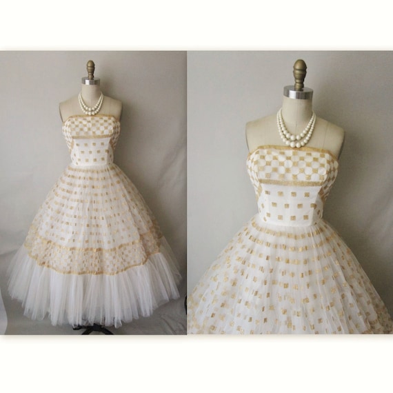 50's Wedding Dress // Vintage 1950's Strapless White Gold Tulle Wedding Dress Gown XS