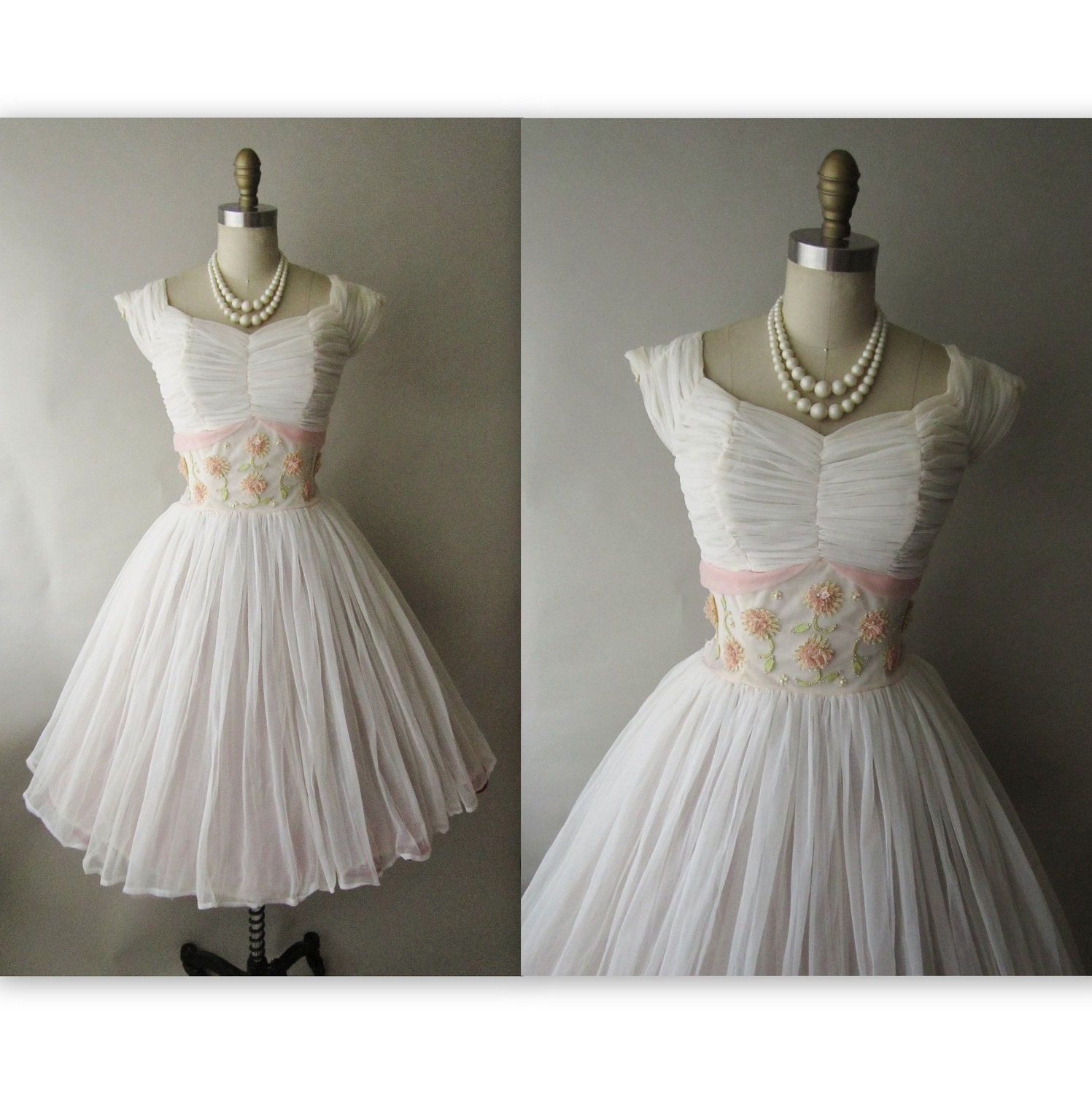 50's Chiffon Dress // Vintage 1950's Ruched White Chiffon Floral Applique Wedding Party Prom Dress Tea Gown XS S
