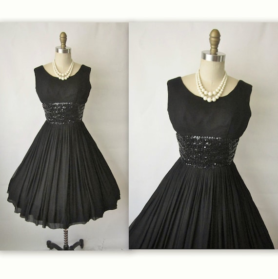 50's Chiffon Dress // Vintage 1950's Black Chiffon Sequin Cocktail Party Full Mad Men Dress XS
