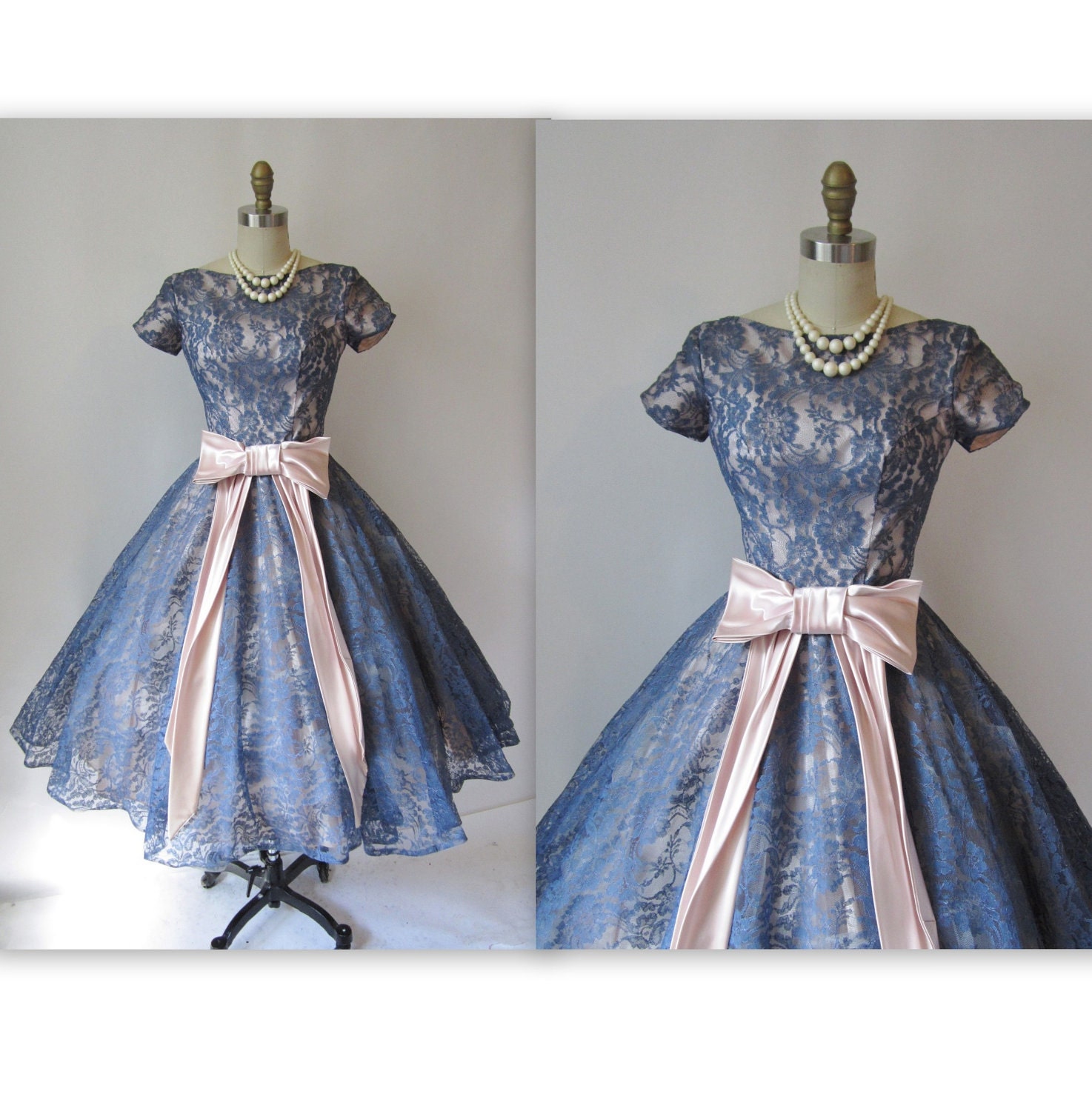 1950's Stormy Blue Lace Illusion Cocktail Party Prom Wedding Dress XS