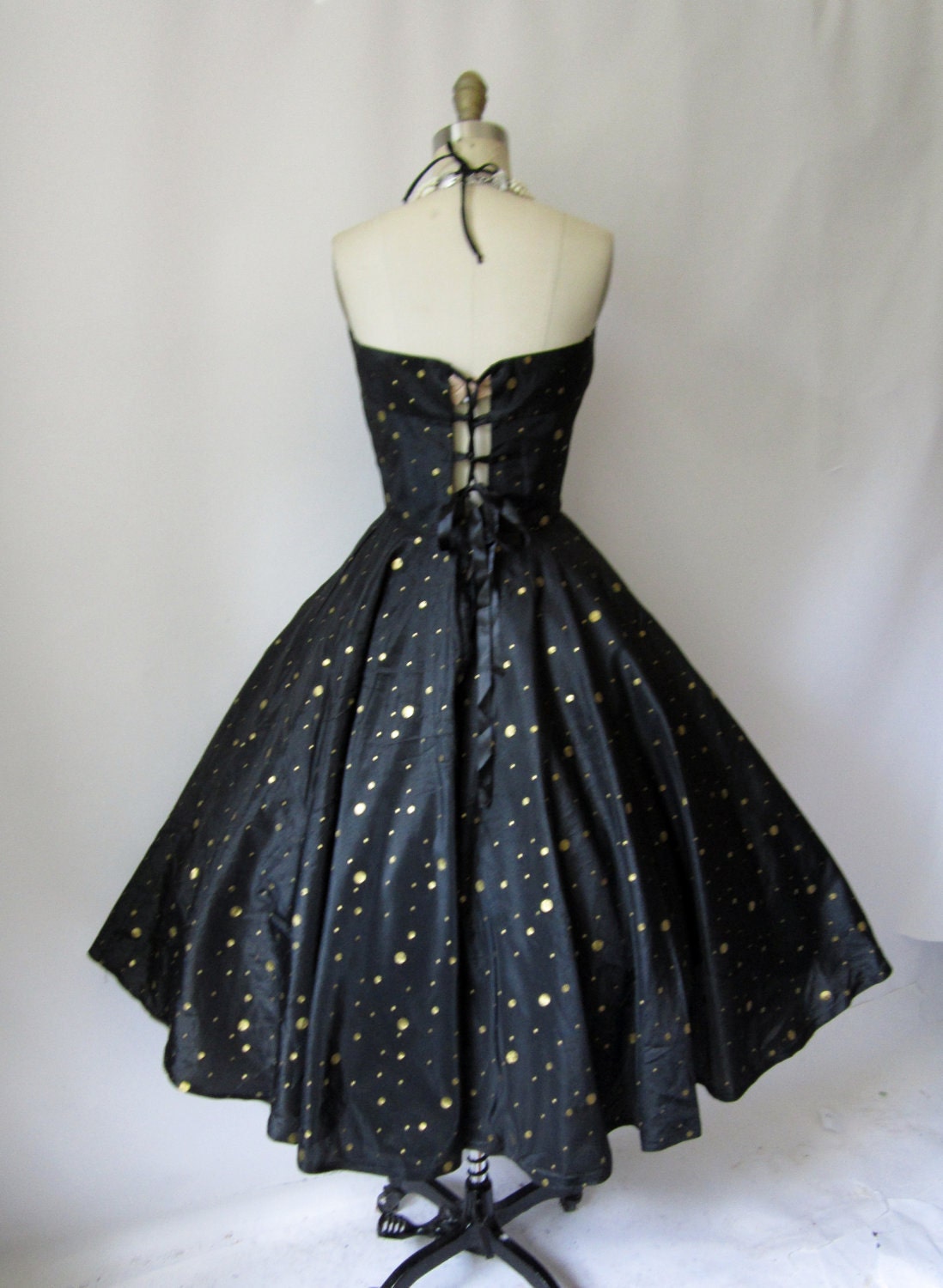 1950's Polkadot Halter Black Gold Strapless Organza Cocktail Party Mad Men Circle Sun Dress S M