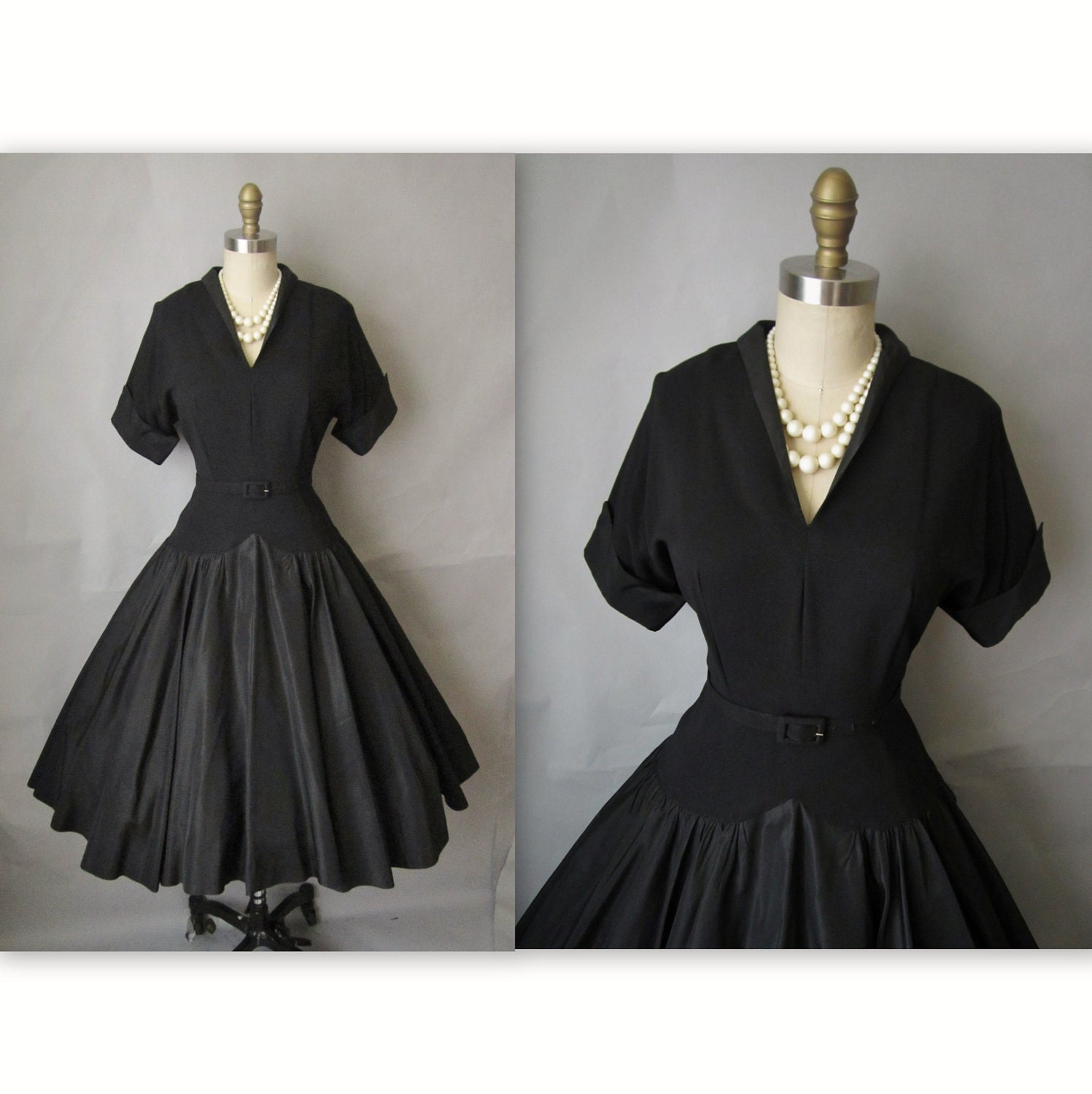 50's Cocktail Dress // Vintage 1950's Black Taffeta New Look Cocktail Party Full Dress S