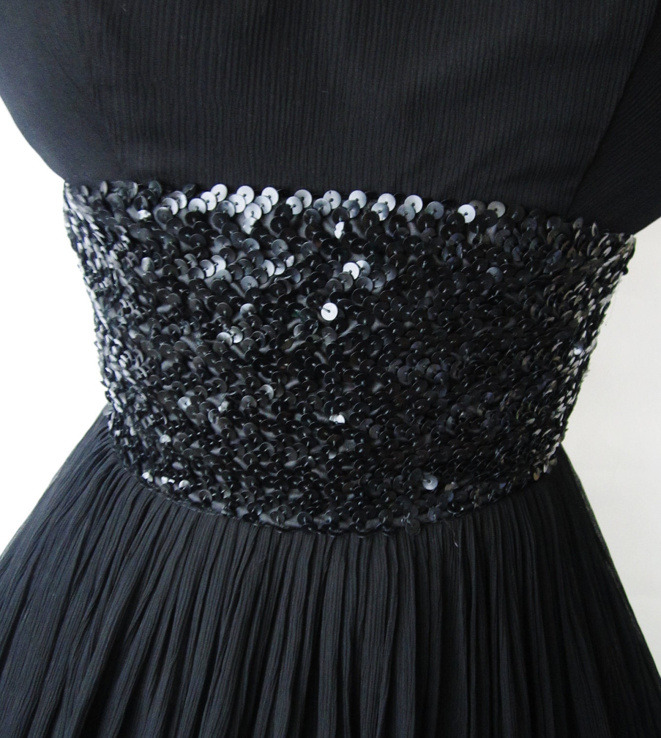 50's Chiffon Dress // Vintage 1950's Black Chiffon Sequin Cocktail Party Full Mad Men Dress XS