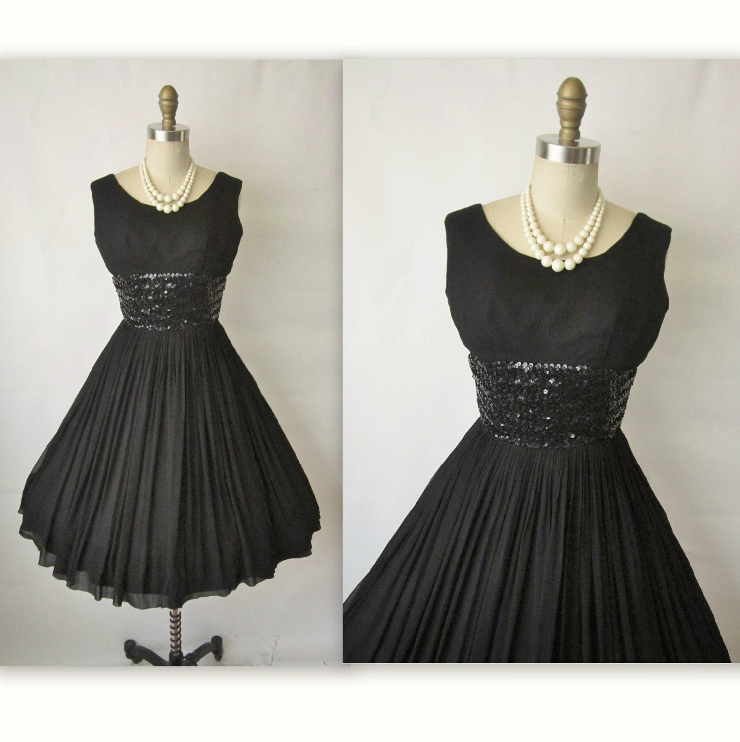 50's Chiffon Dress // Vintage 1950's Black Chiffon Sequin Cocktail Party Full Mad Men Dress XS