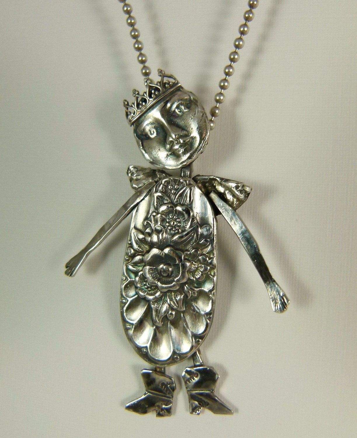 Angel Ingrid Opens Herself To Positive Energy - Re-purposed Sterling Silver, Spoon Handle, And PMC - Art Jewelry Pendant - 675