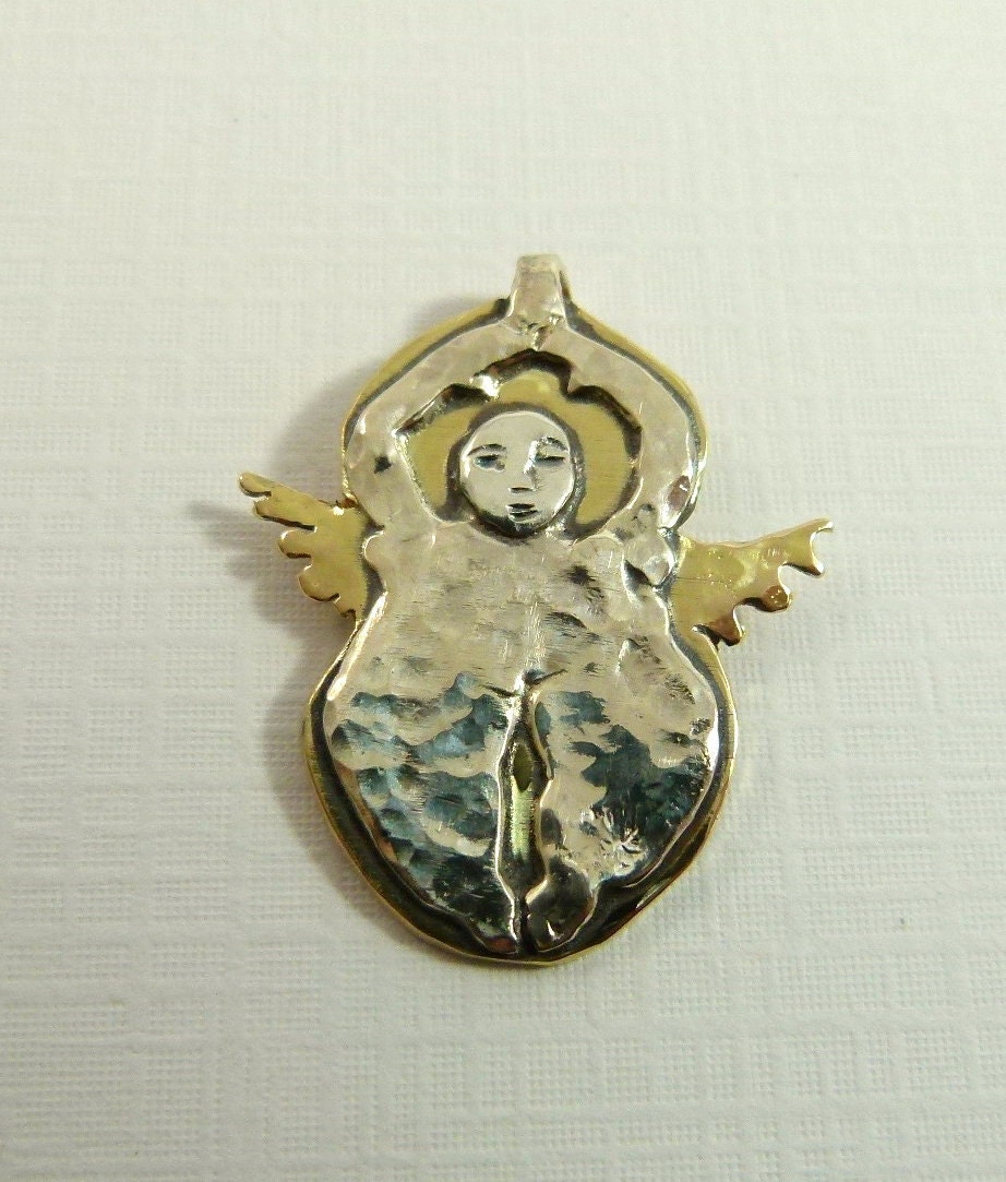 Angel Willow Finds Balance And Calm - Art Jewelry Pendant - Repurposed Sterling Silverware, Brass, And PMC - 753