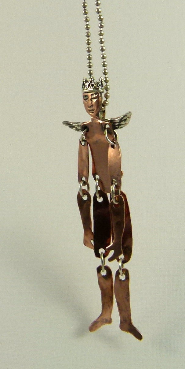Angel Cindy Is Connected - Art Jewelry Pendant - Up Cycled Sterling, Copper, And PMC - 771
