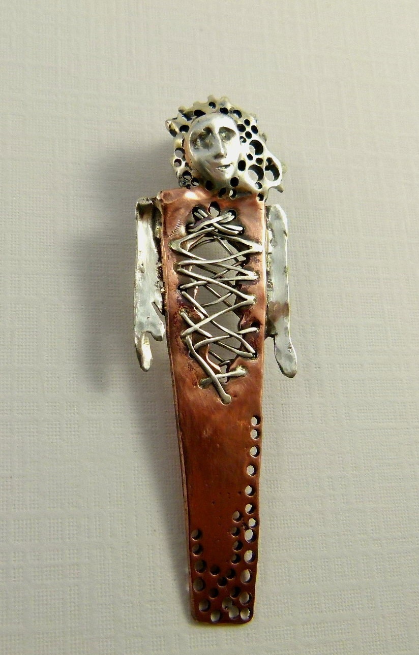 Talilla Is All Torn Up - Art Jewelry Pendant - Repurposed Sterling, Copper, And PMC - 787