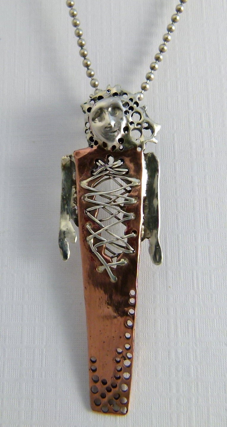 Talilla Is All Torn Up - Art Jewelry Pendant - Repurposed Sterling, Copper, And PMC - 787
