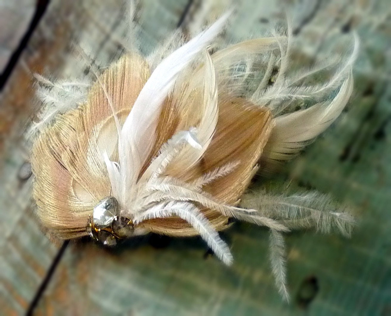 Peacock Feather Fascinator in Champagne and Ivory Embellished with a Vintage Jewelry Piece