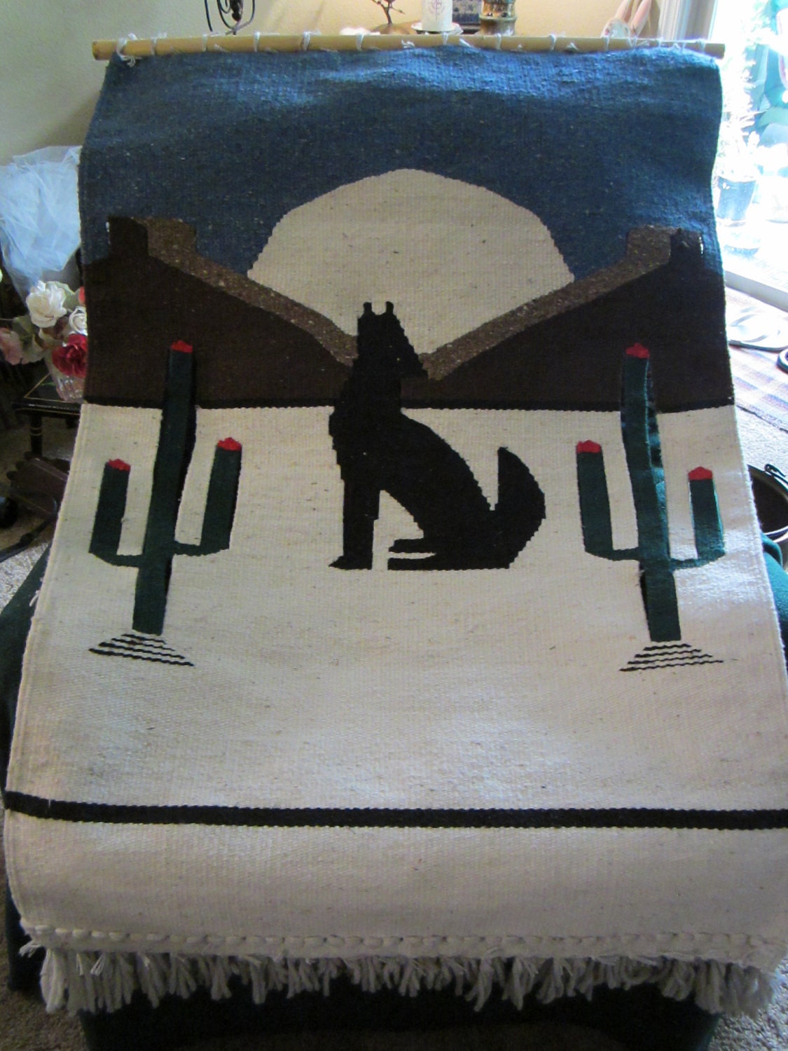 Vintage Wall Hanging, Wolf and Mountain Scene,  Vintage Wall Hanging