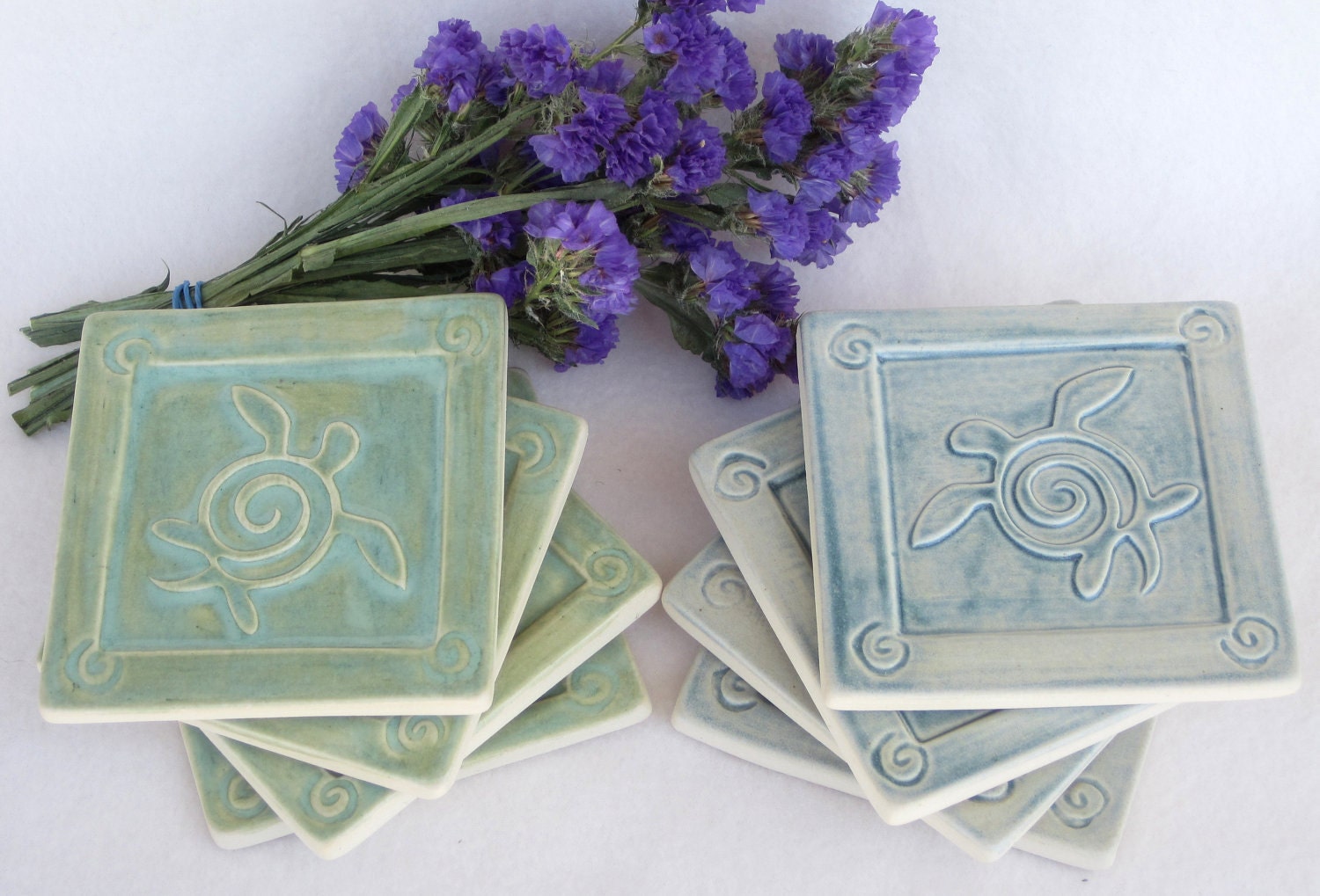 Sea Turtle Coaster Set, Green, Blue, Set of 4