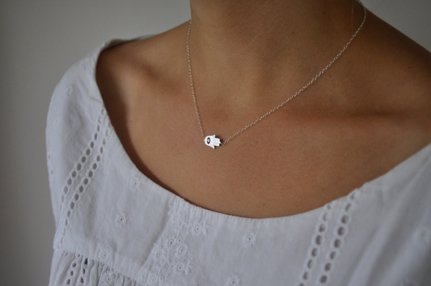 Tiny Silver Sideways Hamsa Necklace