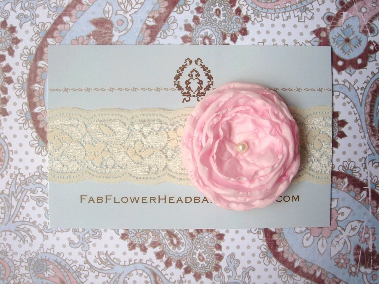 Pale Pink Flower on Wide Cream Lace Headband - Baby Headband