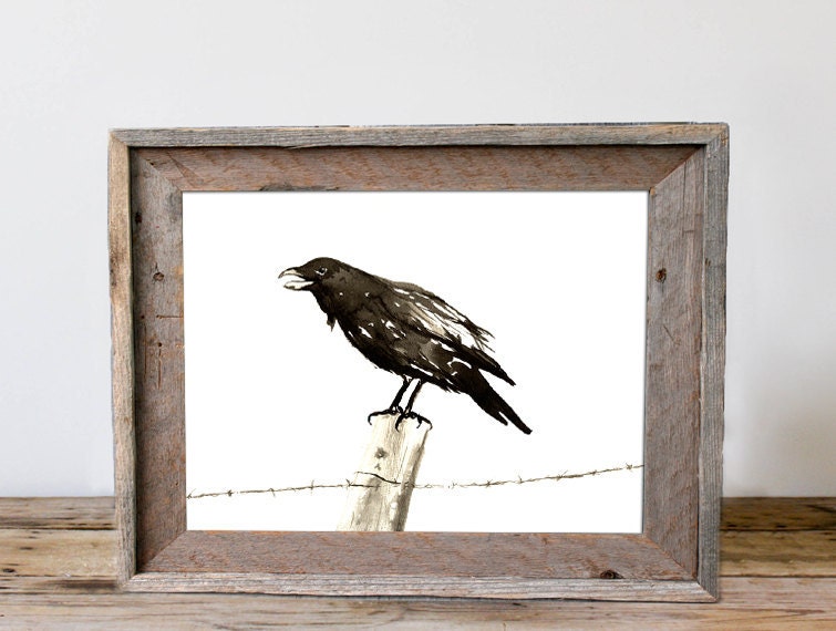 Japanese Ink Painting - Raven on a Barbed Wire Fence - Black Bird Sumi-e Art Print